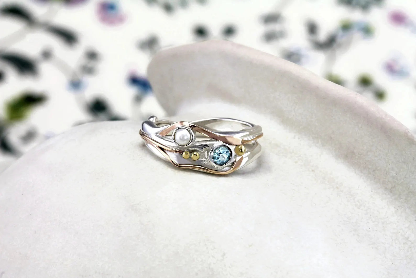 Gemstone Ring, Handmade Sterling Silver Pearl and Blue Topaz Ring