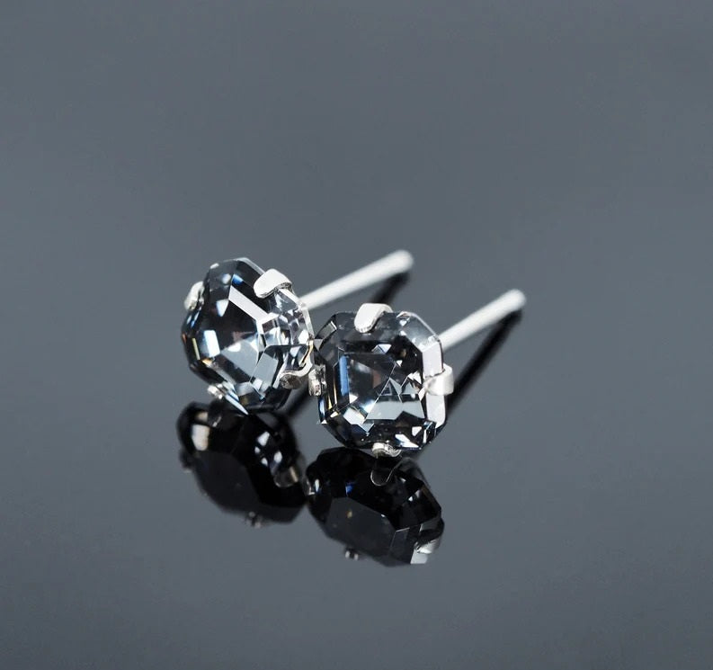 Midnight Black Imperial Swarovski Crystal Stud Earrings - Sterling Silver - 6mm 8mm Square Cut  Man Earrings  Black Asscher Studs  Unisex