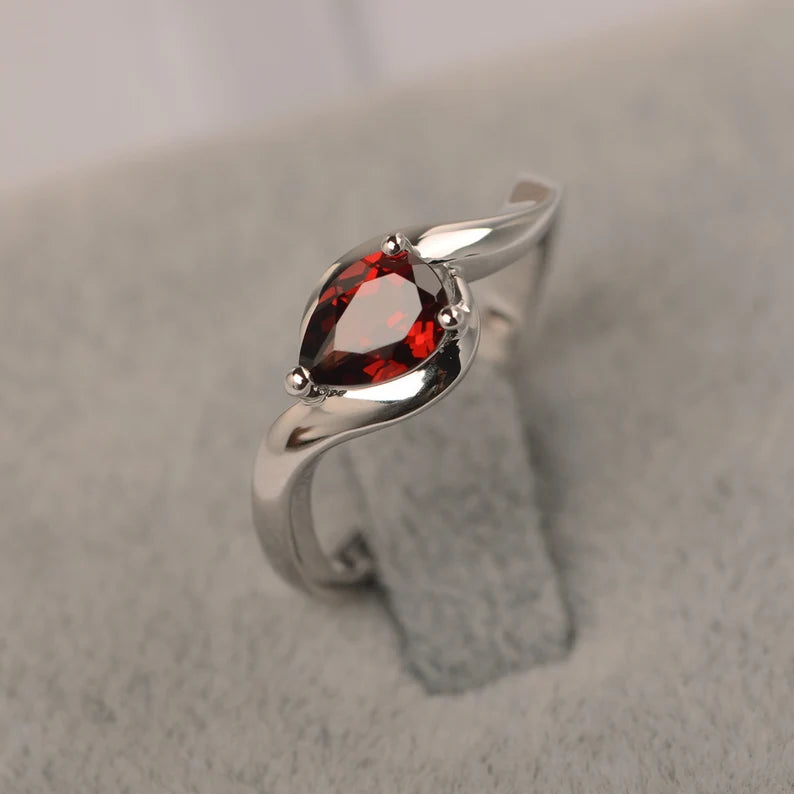 Red garnet ring sterling silver solitaire engagement ring