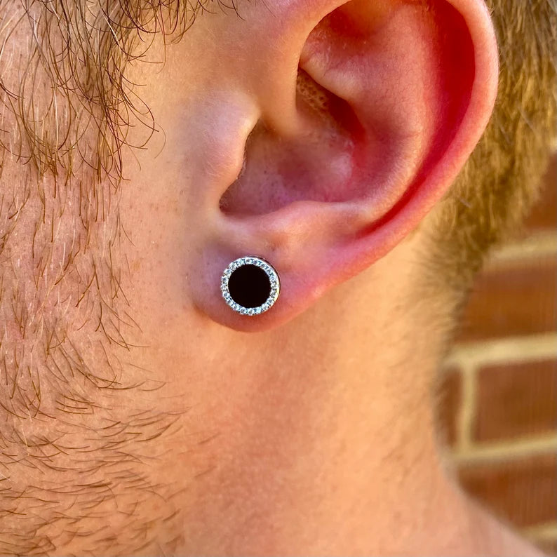 Mens Earring - Silver Onyx Stud Earrings For Men - Mens Stud Earrings - Silver Diamond Stud Earrings - Black Onyx & CZ Diamond Studs For Men