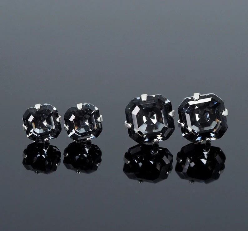 Midnight Black Imperial Swarovski Crystal Stud Earrings - Sterling Silver - 6mm 8mm Square Cut  Man Earrings  Black Asscher Studs  Unisex