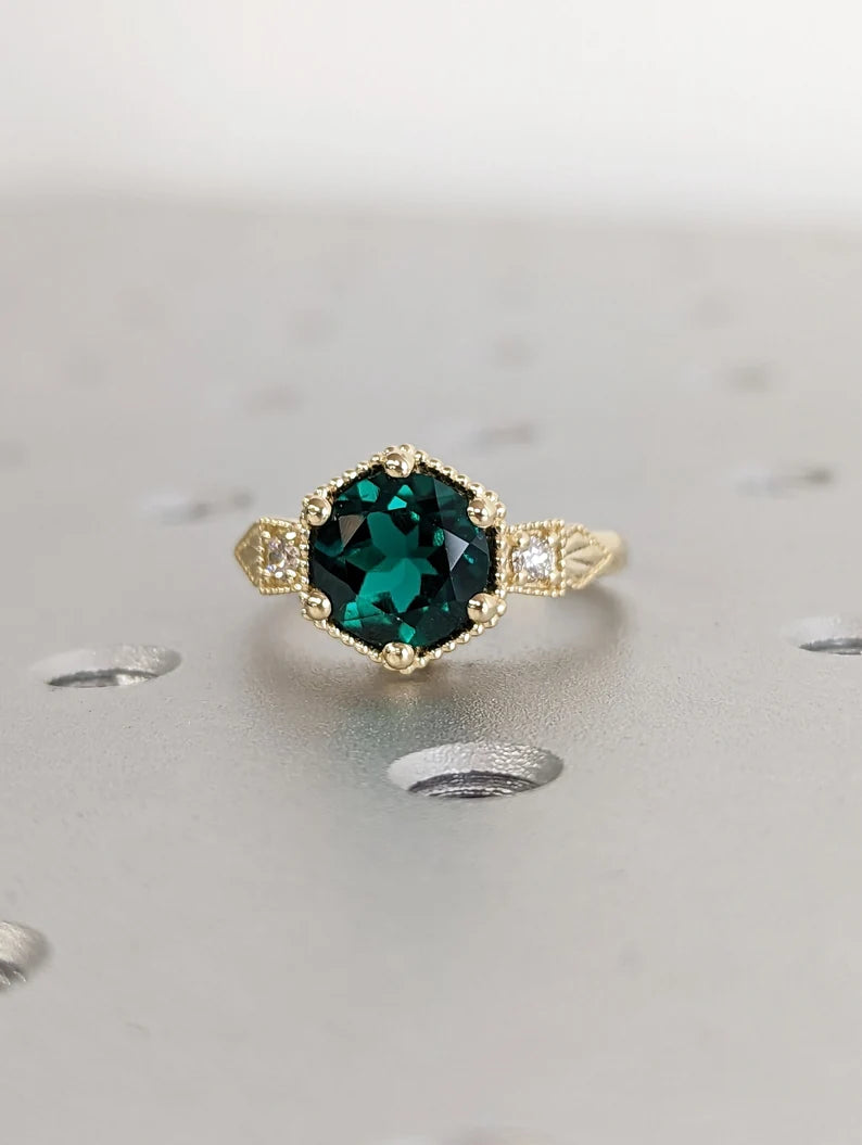 Emerald ring vintage emerald engagement ring  yellow gold ring