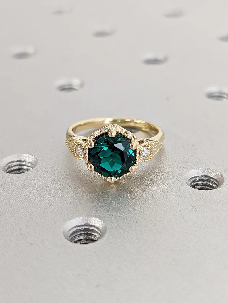 Emerald ring vintage emerald engagement ring  yellow gold ring