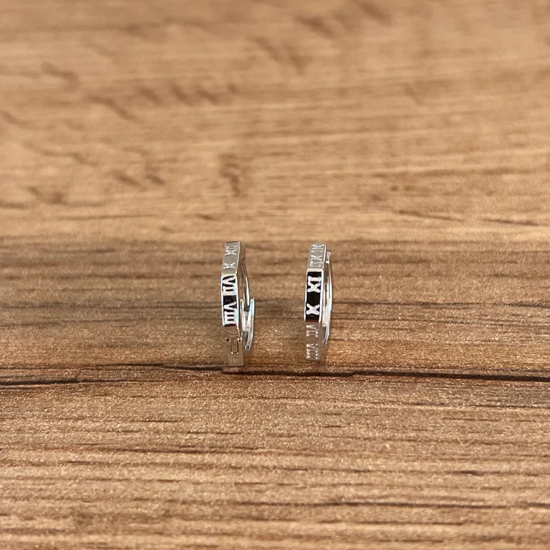 Mens Earrings - Mini Hoop Earrings Men - Mens Hoop Earrings - 925 Sterling Silver Hoop Earrings - 12mm  14mm Roman Numeral Hoops For Men