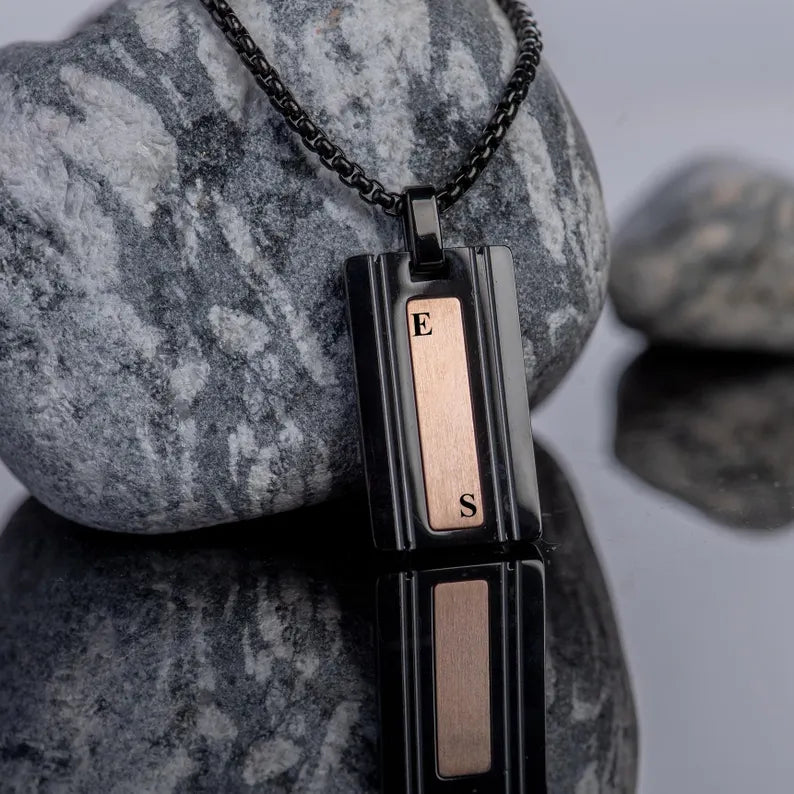 Black Bar Necklace, Initial Tag Necklace for Men, Steel Mens Necklace,