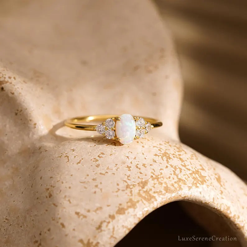 Opal Zirconia Ring, Natural Opal Gemstone Ring