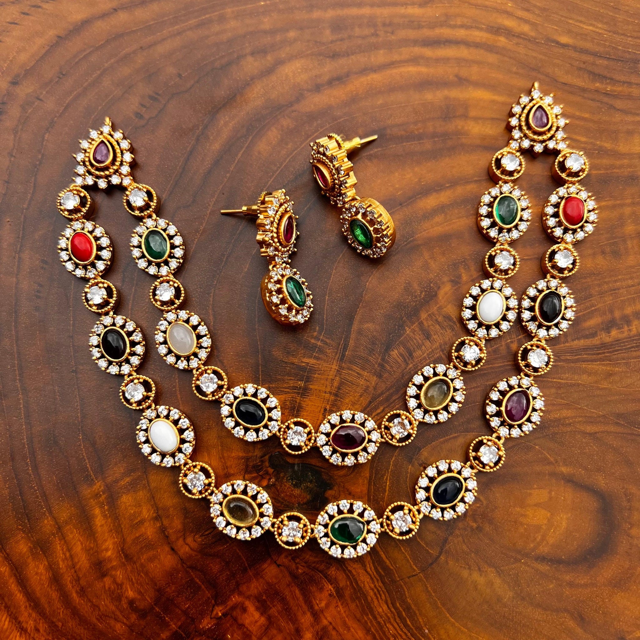 Matte Two Layer Navratna Necklace set