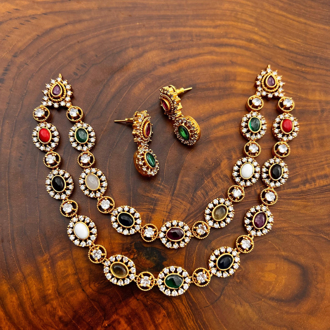 Matte Two Layer Navratna Necklace set