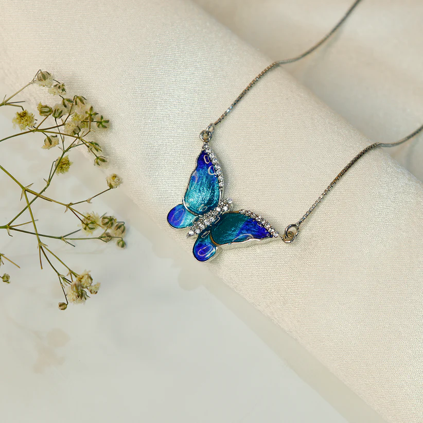 Sterling Silver Blue Butterfly Necklace For Girls And Women
