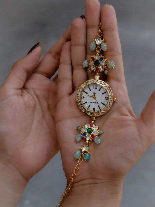Multicolored Floral Wrist Watch & Hathphool Set