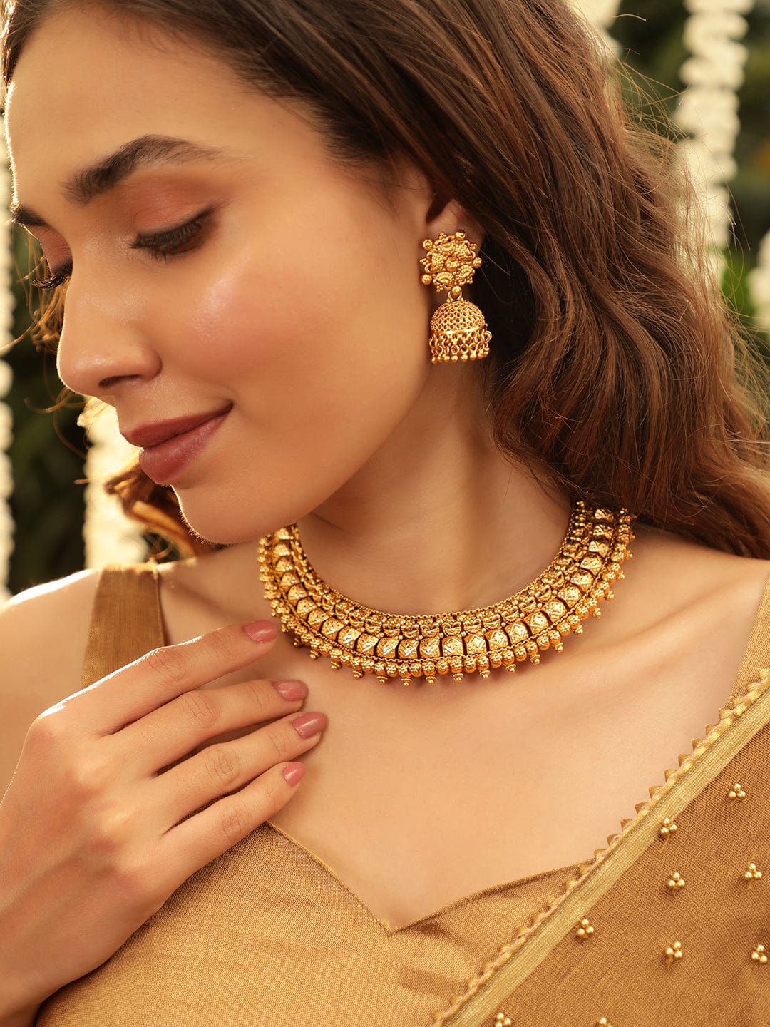 Gold-Plated Artificial Beads Beaded Royalty Exquisite Necklace Earrings