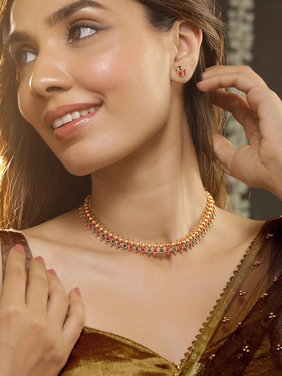 Gold Plated Traditional Temple Necklace Set with Ruby & Emerald Stone Studded Golden Beads