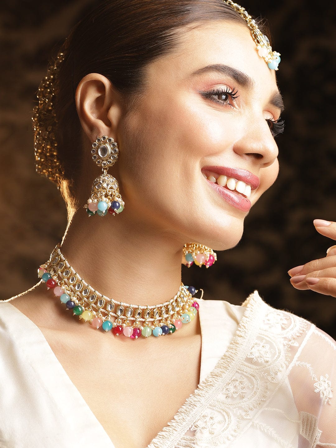 Gold Plated American Diamond Studded Multicolor Beaded Jewellery Set