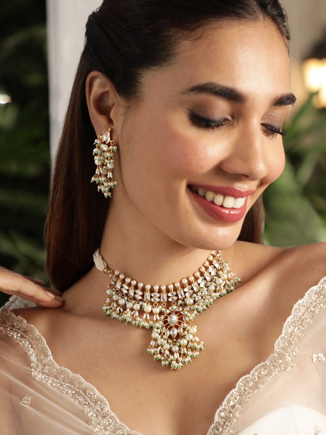 Gold-Plated Cubic Zirconia-Studded Beaded Necklace and Earrings