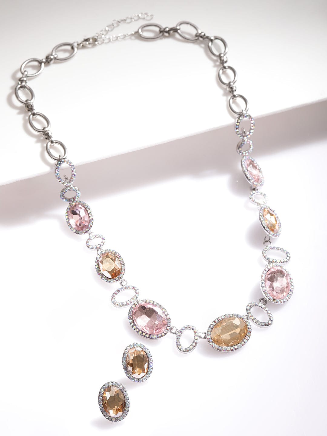 Rhodium-Plated Cherry and Golden Studded Multi-Color Rhinestones Embellished Necklace Set