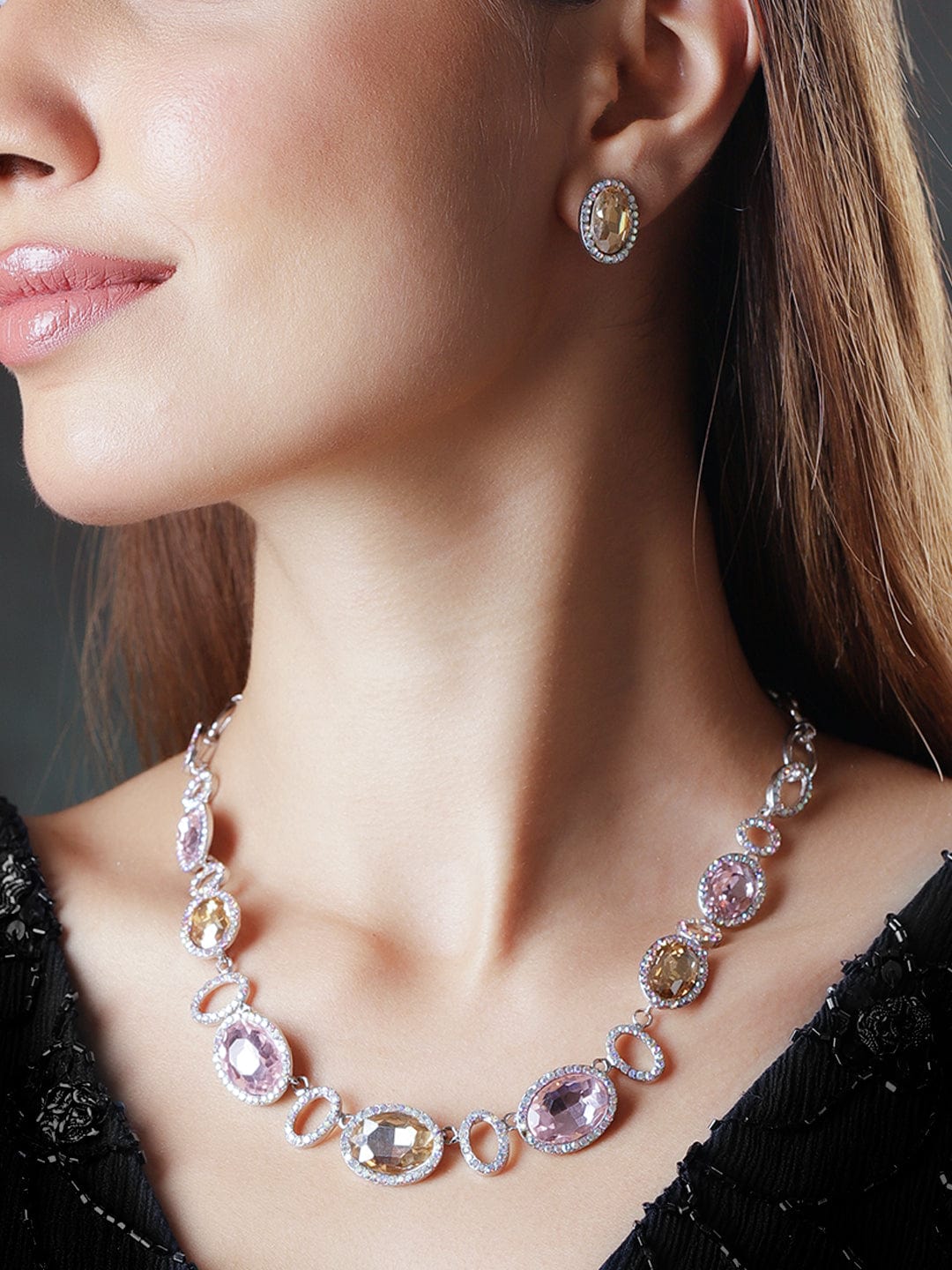 Rhodium-Plated Cherry and Golden Studded Multi-Color Rhinestones Embellished Necklace Set