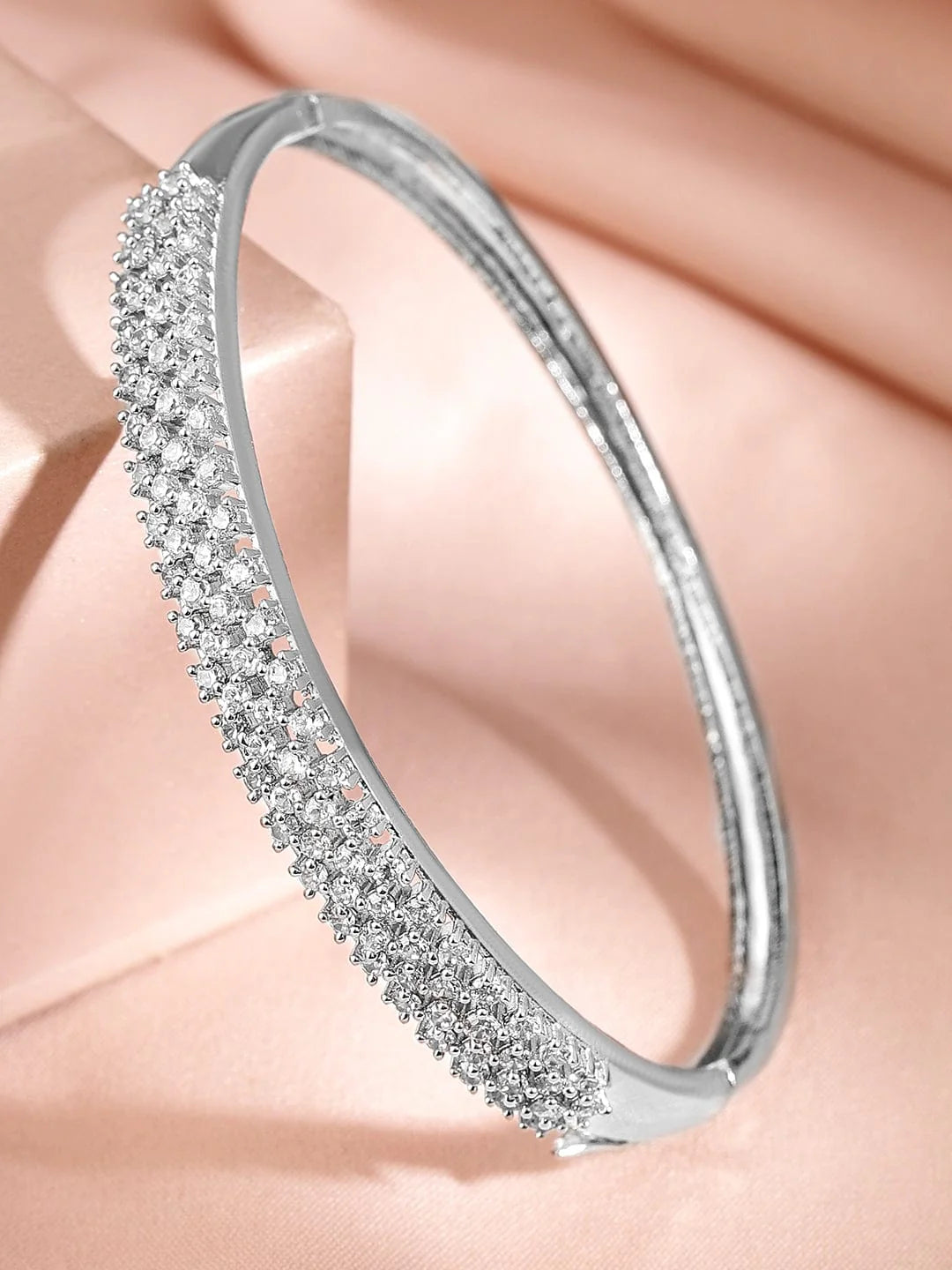 Brass Cubic Zirconia Handcrafted Rhodium-Plated Bangle-Style Bracelet