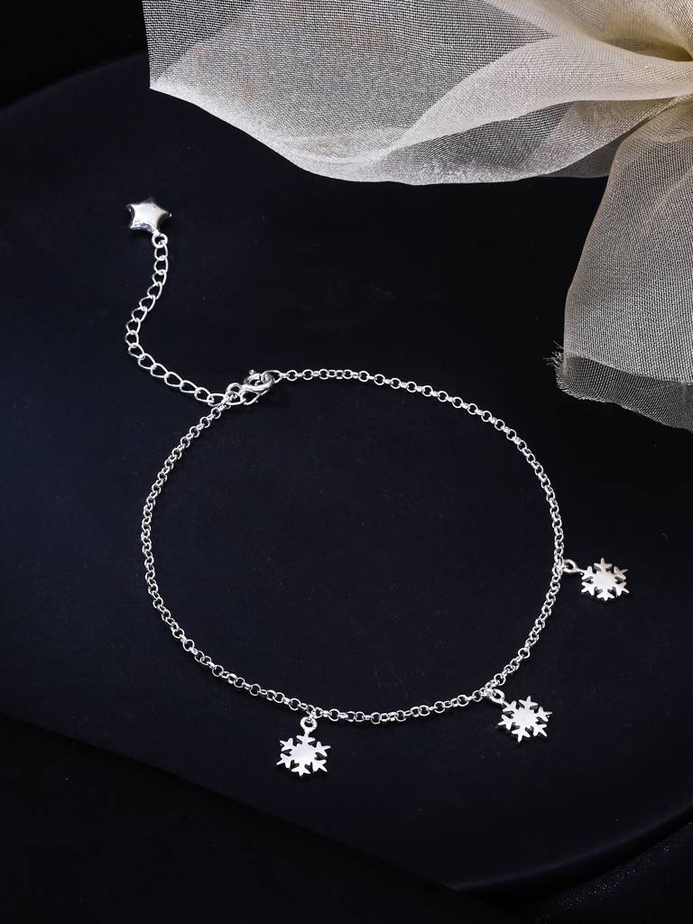 Kicky And Perky 925 Sterling Silver Snowflake Charm Anklet (One Size)