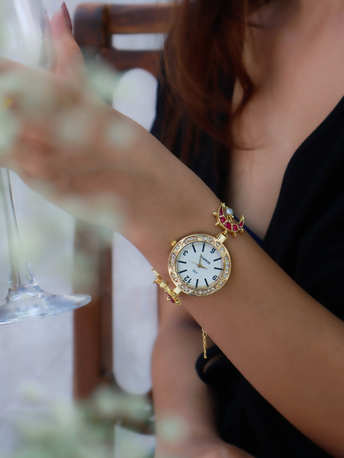 Pink Kundan Wrist Watch