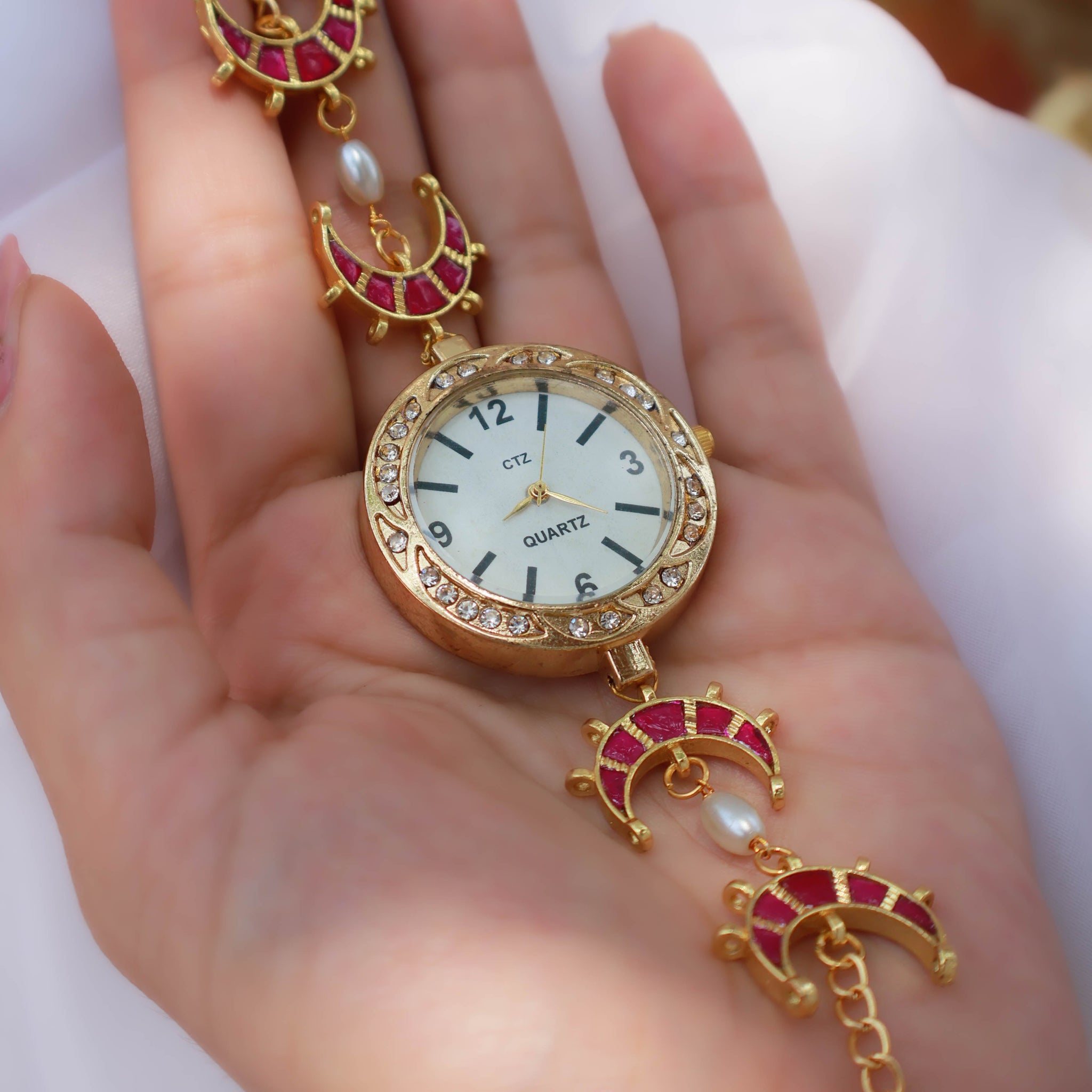 Pink Kundan Wrist Watch