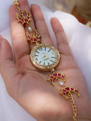 Pink Kundan Wrist Watch